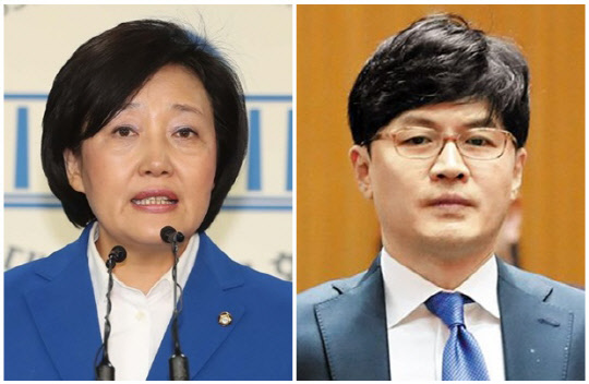 박영선(왼쪽) 전 중소벤처기업부 장관과 한동훈 법무부 장관. <연합뉴스>